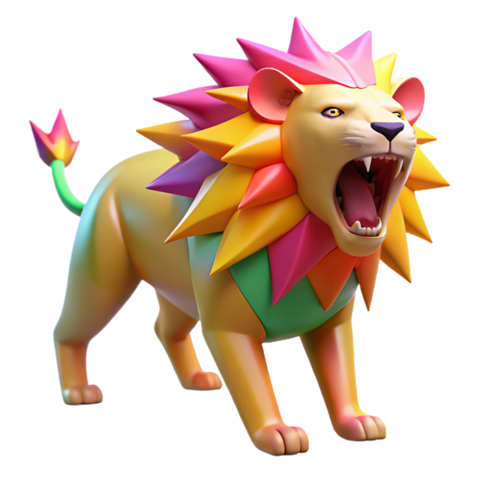 Roaring Colorful Lion 3D Render of a Vibrant Feline png