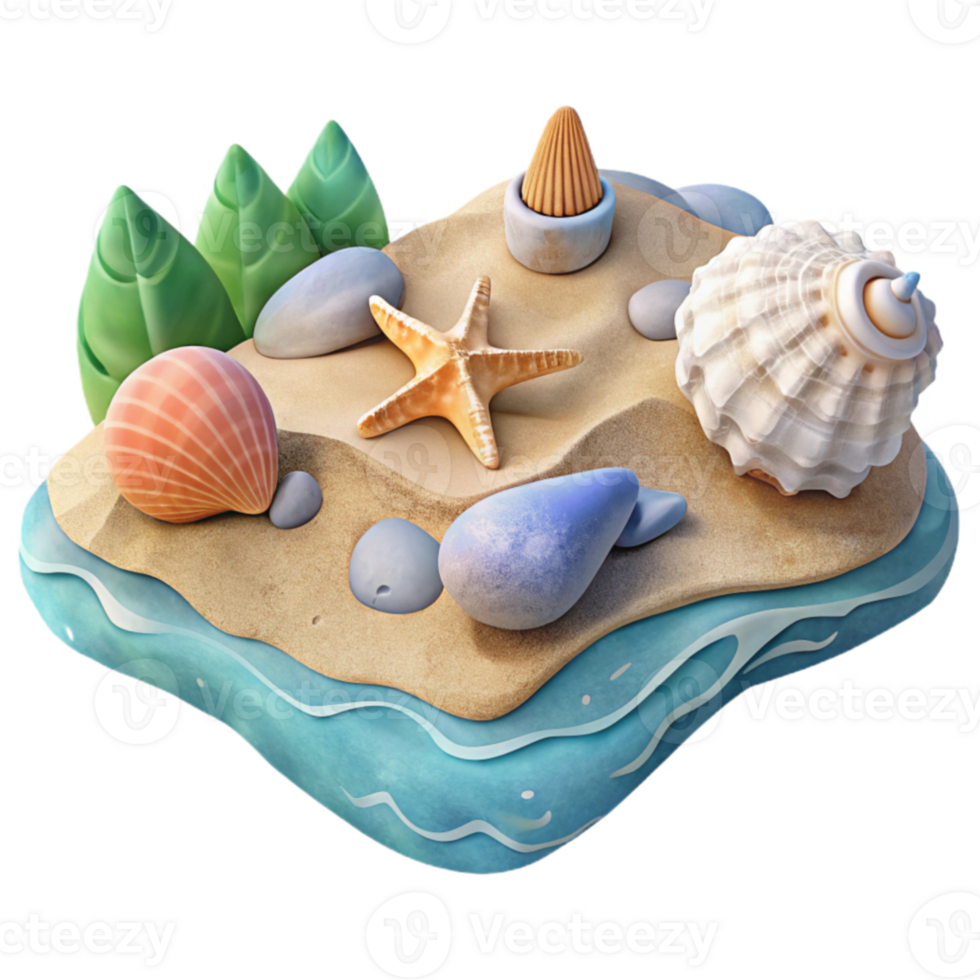 elegant traditional 3D Island Seashell Starfish Sand Beach Illustration genuine png
