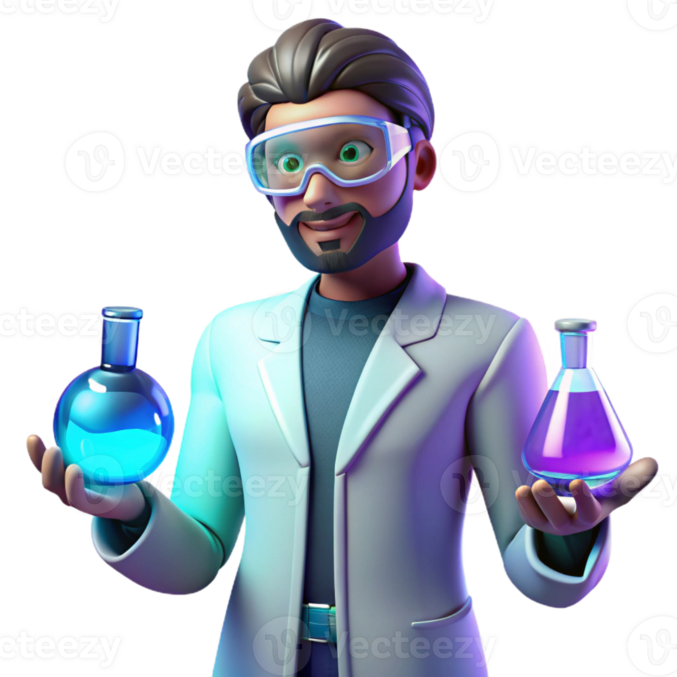 impressive rustic 3D Cartoon Scientist with Flasks genuine png