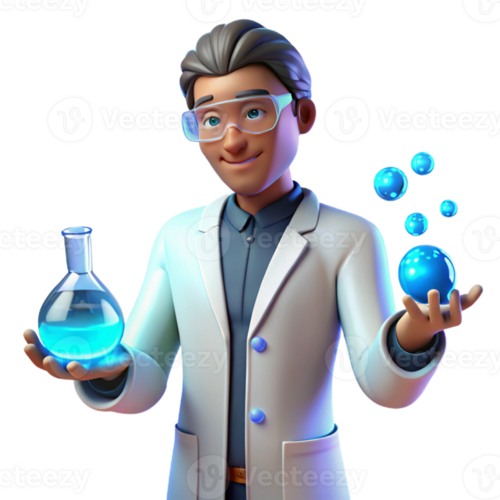 wonderful artistic 3D Illustration Scientist Lab Coat Bubbles Flask exclusive png