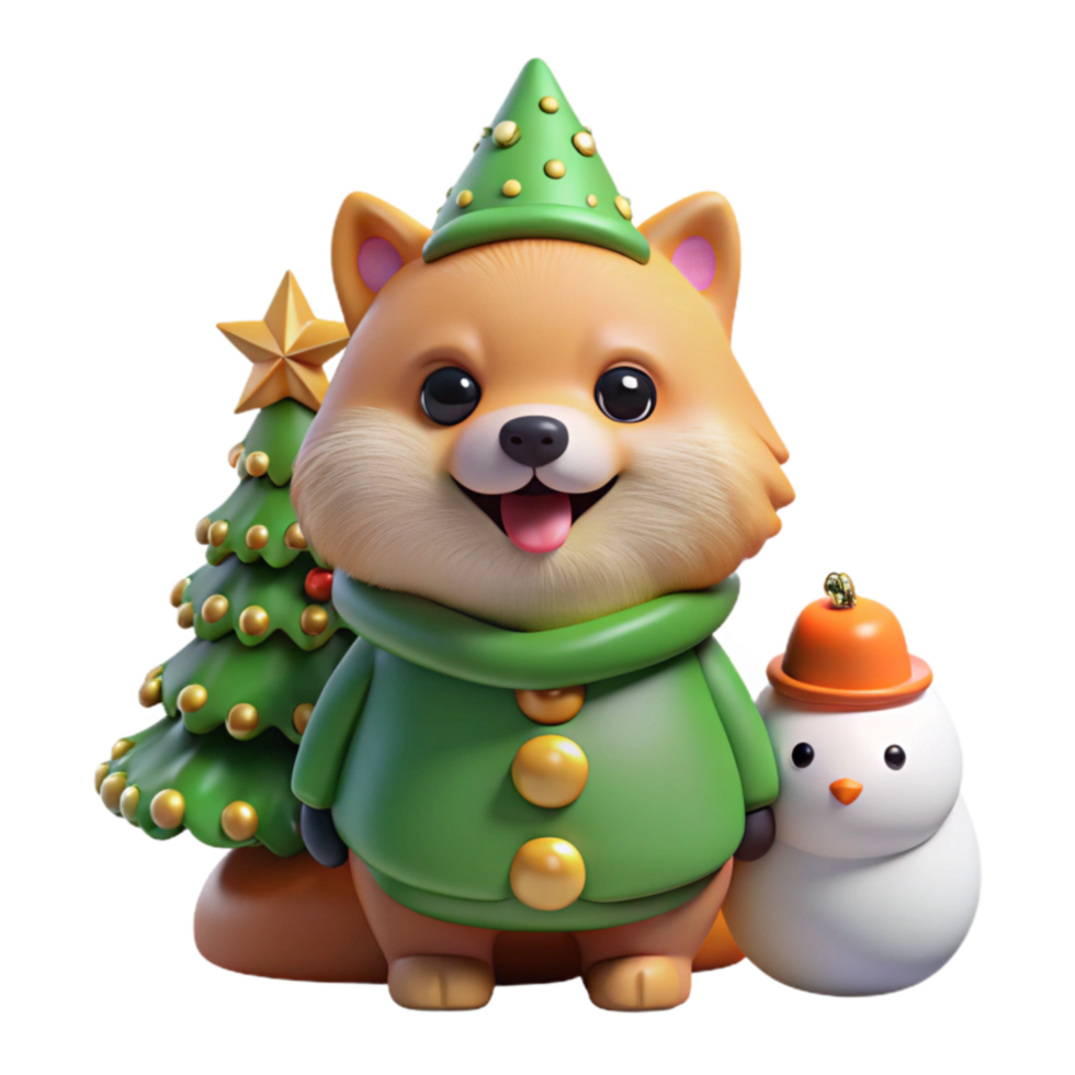 Adorable 3D Puppy in Festive Green Outfit with Snowman and Christmas Tree png