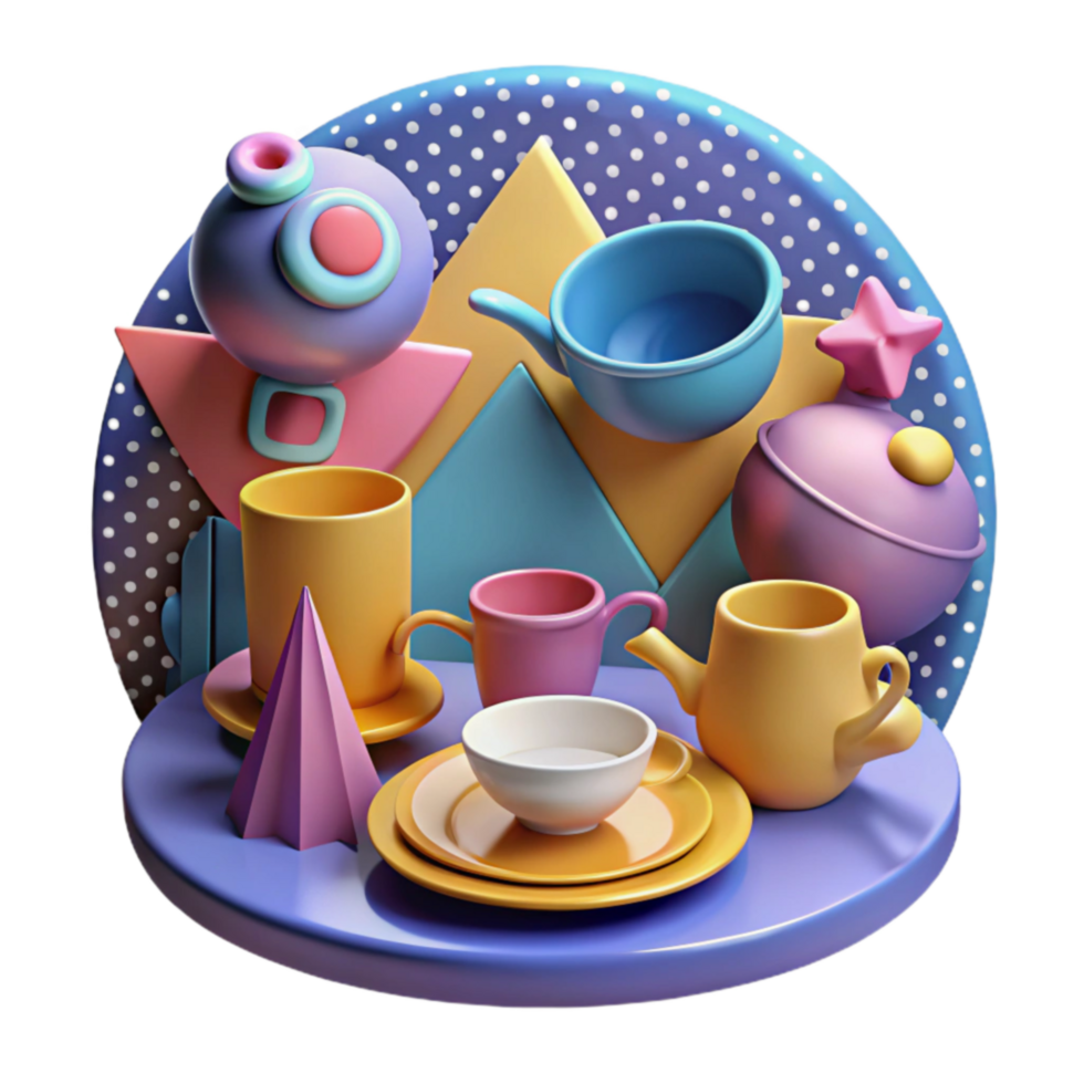Colorful 3D Render of Tea Set with Geometric Shapes png