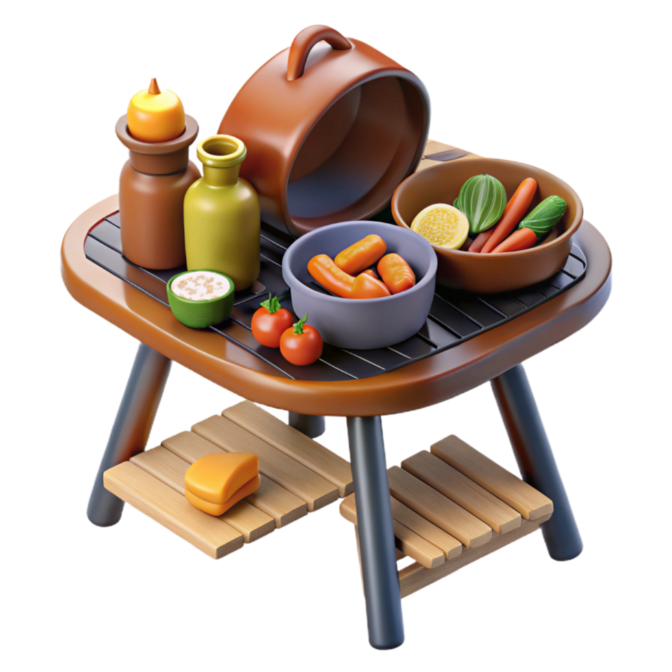 3D Render of Rustic Table with Vegetables, Cheese, and Condiments png