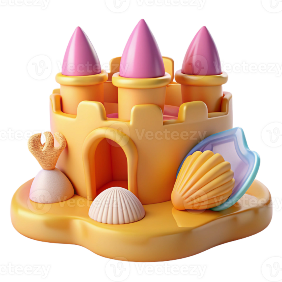 beautiful creative 3D Render Sandcastle Illustration Summer Beach Scene 4K png