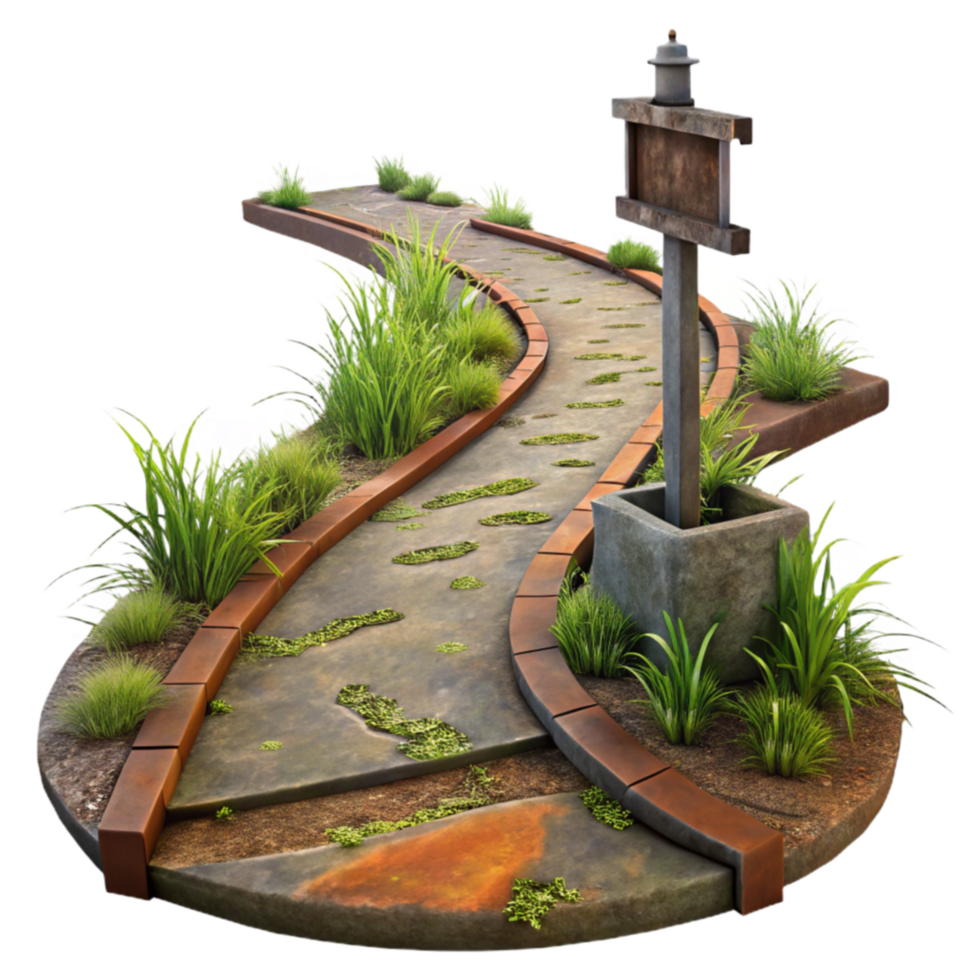 Curved Garden Path with Planter Edging and Sign png