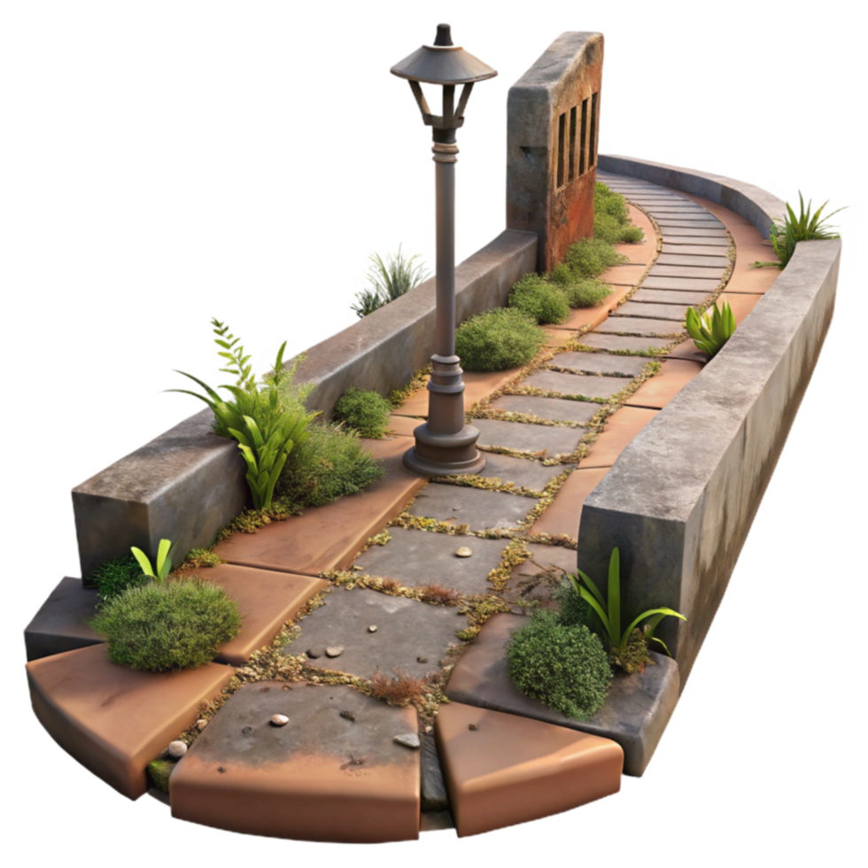 Curved Stone Path with Lamp and Greenery png