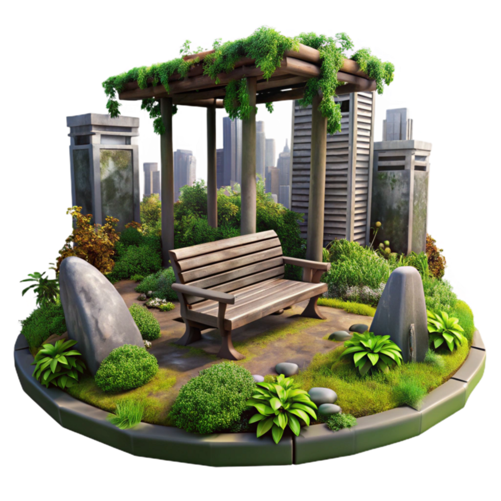 Urban Oasis Rooftop Garden with Wooden Bench and Pergola png