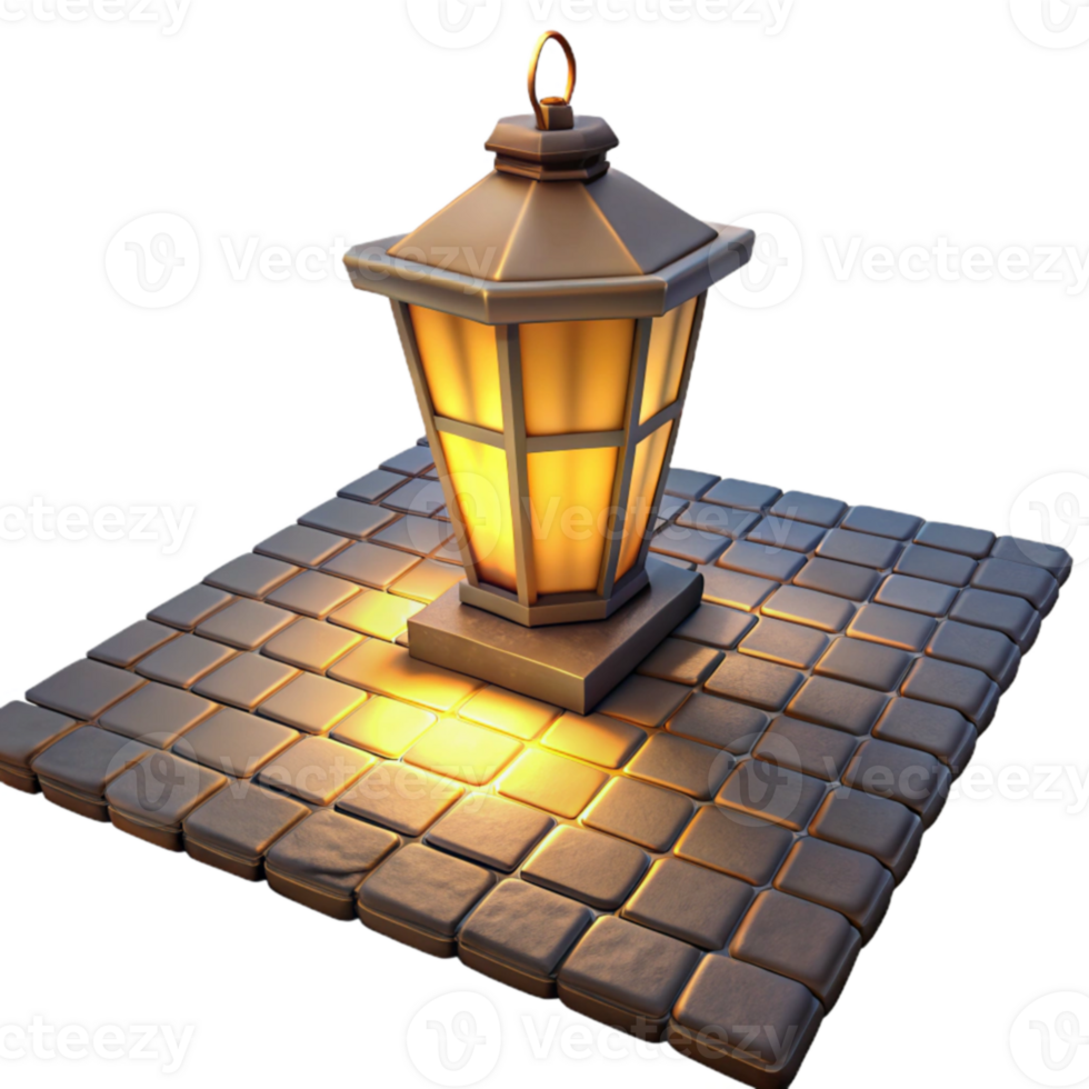 beautiful rustic Glowing Lantern on Cobblestone 3D Render premium png