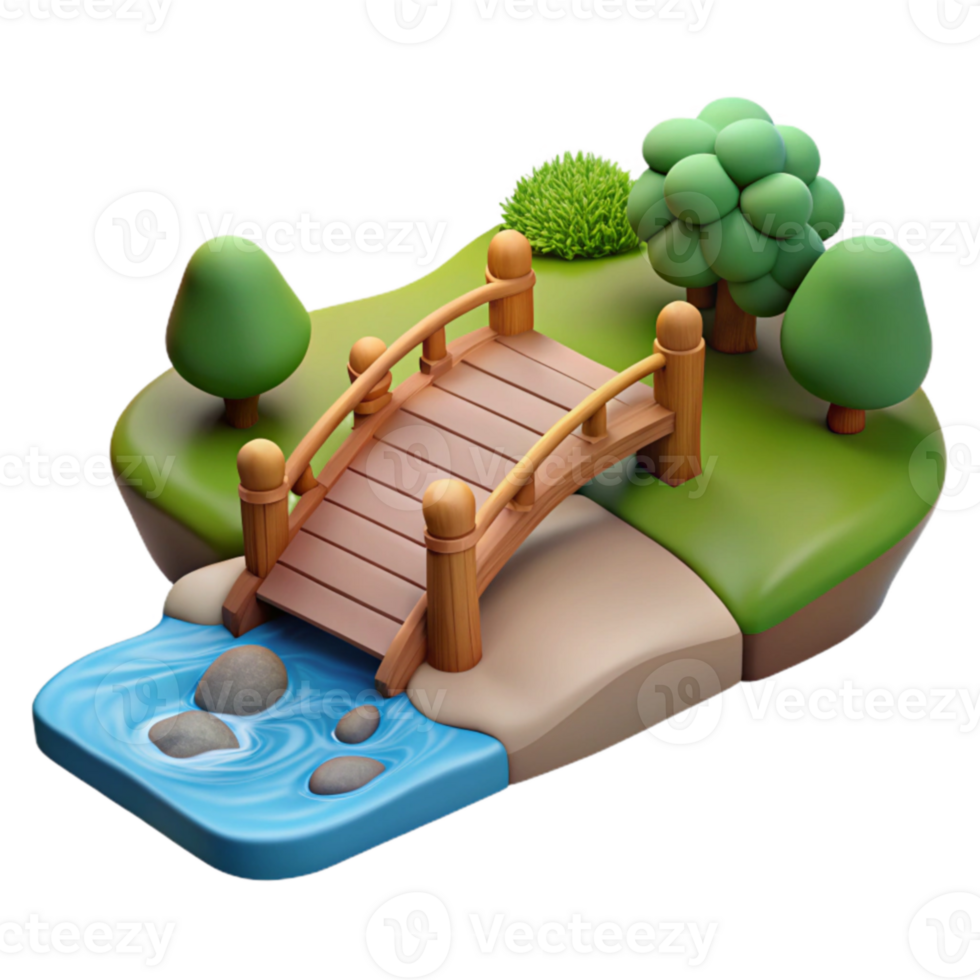 elegant modern 3D Cartoon Bridge and Stream Illustration original png