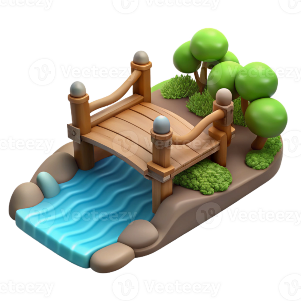 serene vintage 3D Cartoon Bridge and Stream Illustration exclusive png