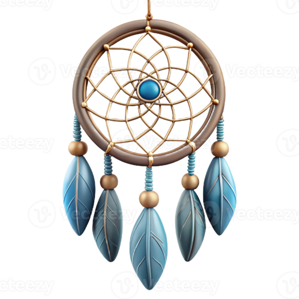 elegant contemporary 3D Dreamcatcher Illustration, Gold and Blue Feathers original png