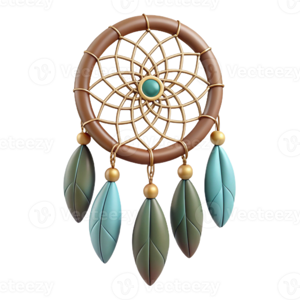 elegant rustic 3D Dreamcatcher Illustration Turquoise Feathers Gold Beads original png
