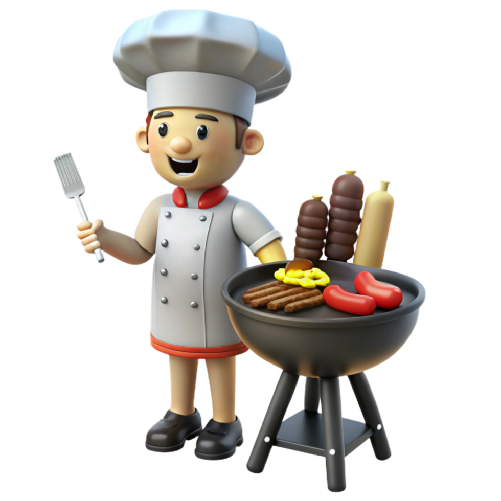Cartoon Chef Grilling Sausages and Bratwurst png