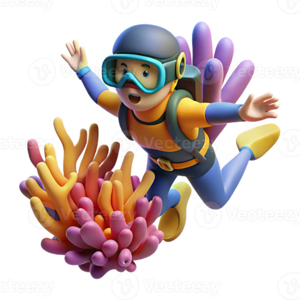 elegant rustic 3D Cartoon Diver and Coral Reef Illustration exclusive png