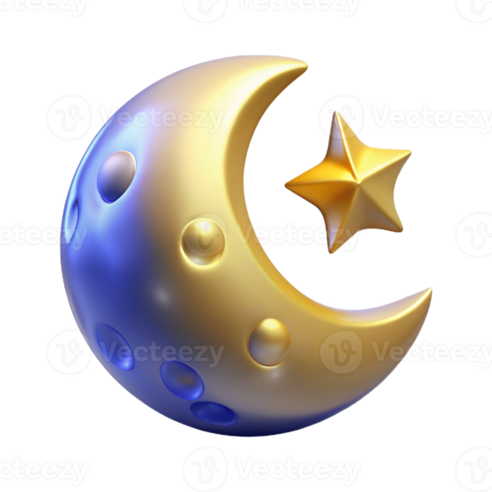 stunning minimalist Golden Crescent Moon and Star 3D Render detailed png