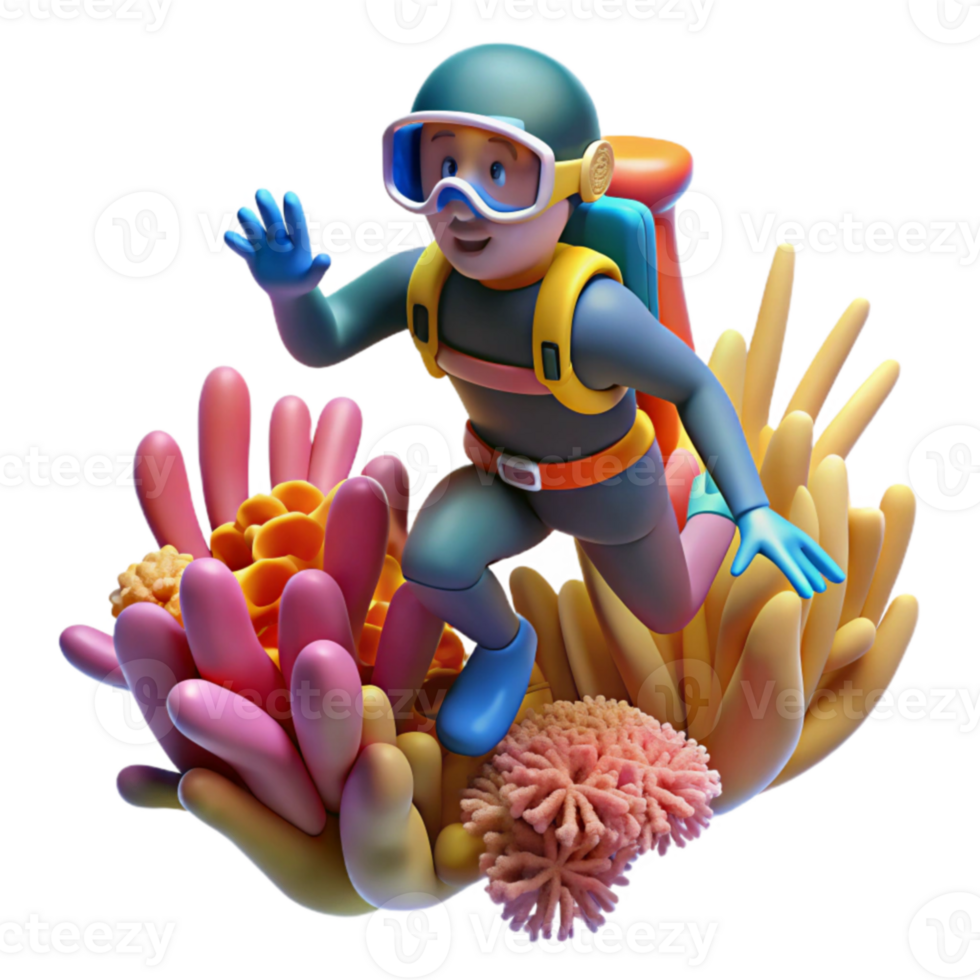 extraordinary artistic 3D Illustration Diver Cartoon Exploring Coral Reef high quality png