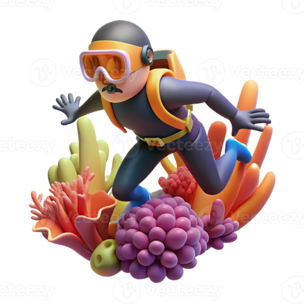 impressive modern 3D Illustration Diver Exploring Coral Reef premium png