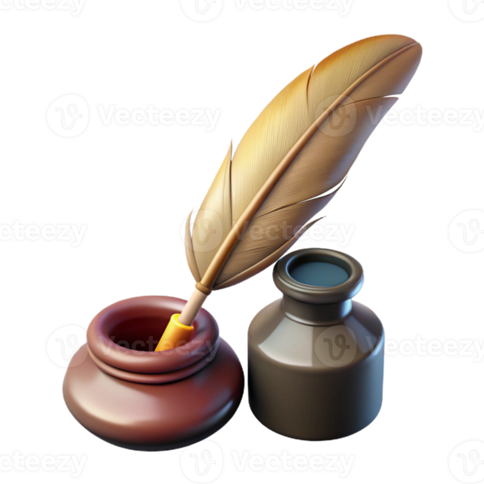 stunning artistic 3D Quill and Inkwell Illustration premium png