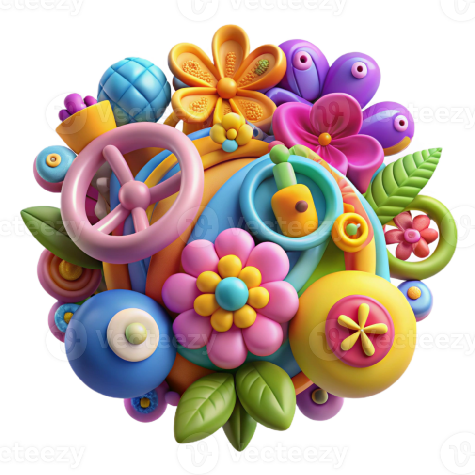 Whimsical 3D Render Colorful Flowers, Shapes Objects png