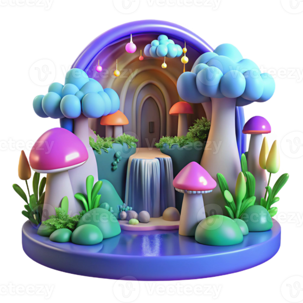 Enchanted Mushroom Waterfall 3D Fantasy Landscape png