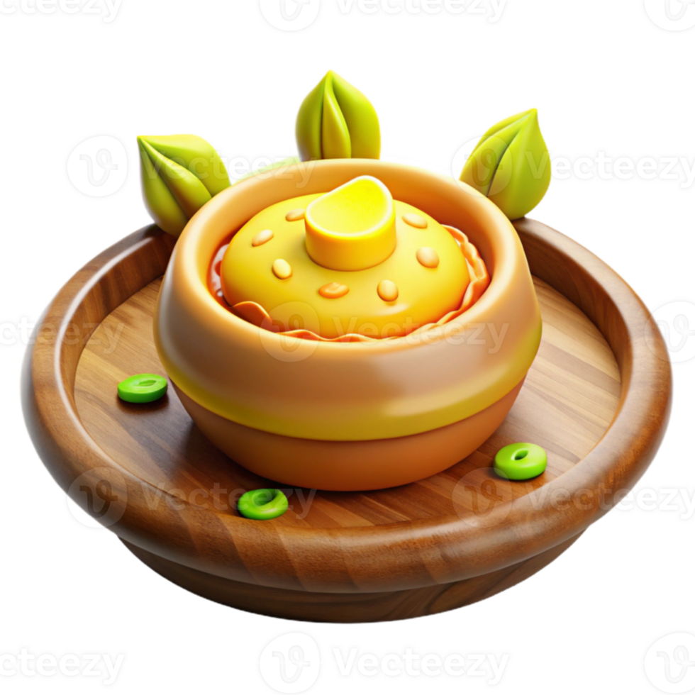 Golden Dish, Wooden Tray, Herbal Garnish 3D Render png