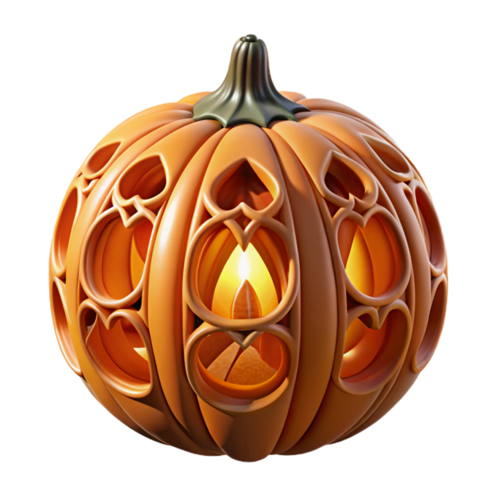 Intricate Carved Pumpkin Lantern with Candlelight png