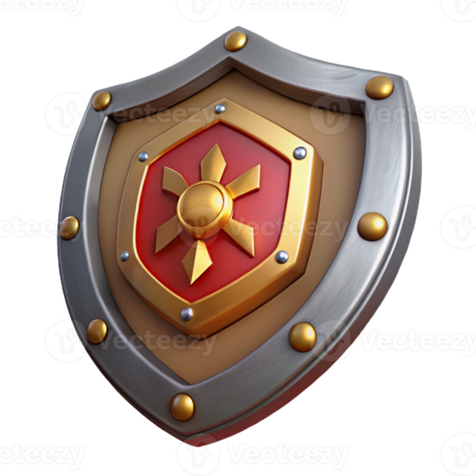 impressive traditional 3D Render Gold and Red Shield Illustration high resolution png