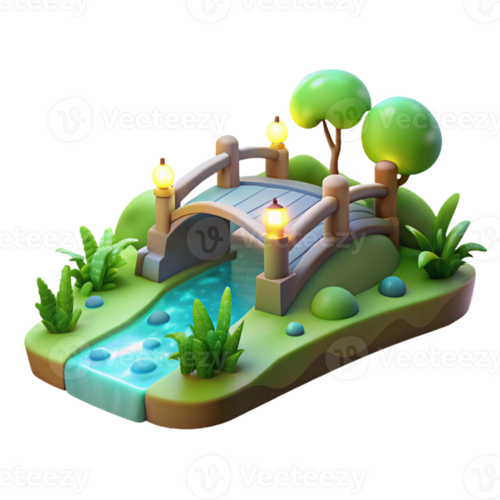 dramatic modern 3D Cartoon Bridge and Stream Illustration detailed png