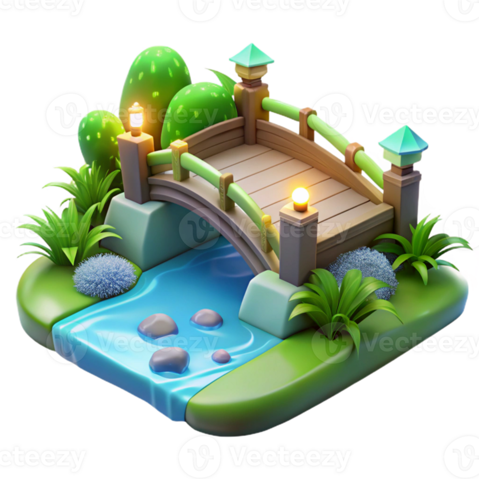 wonderful classic 3D Cartoon Bridge over Stream, Lush Green Plants exclusive png
