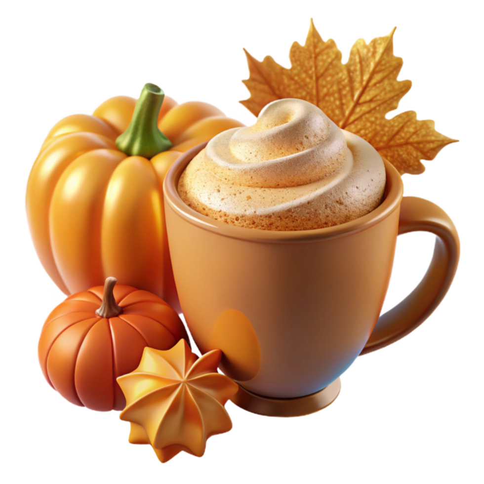 Autumn Spice Latte with Pumpkins Fall Leaves png