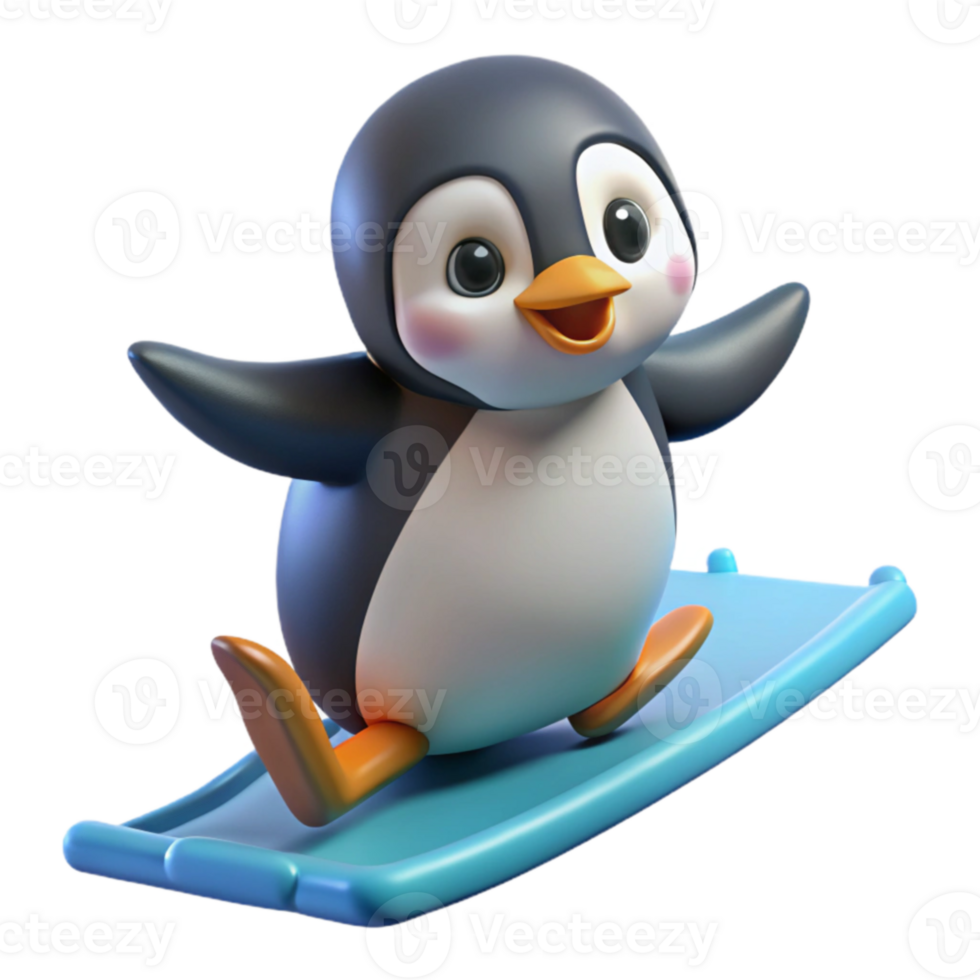 wonderful classic Adorable Penguin Surfing 3D Render genuine png