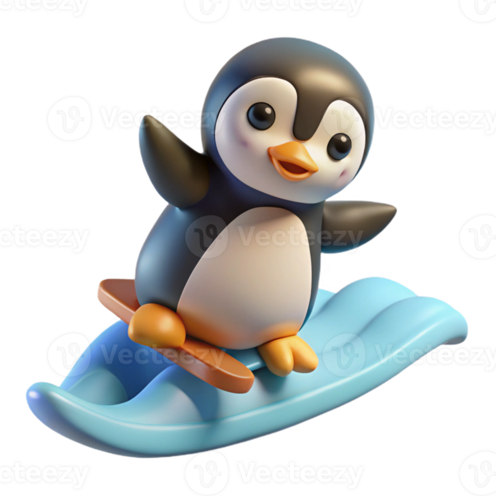 impressive classic Adorable Penguin 3D Render Surfing Wave Illustration professional png