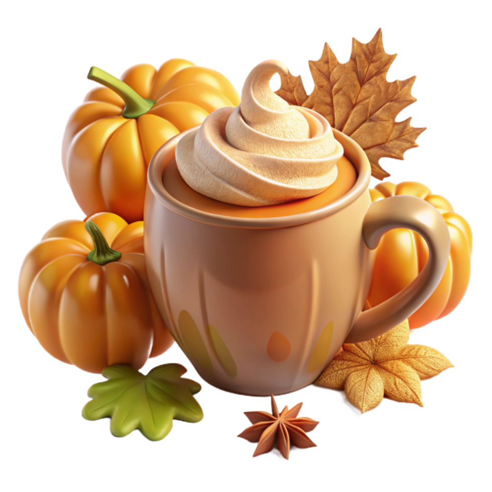 Pumpkin Spice Latte with Whipped Cream and Autumn Leaves png