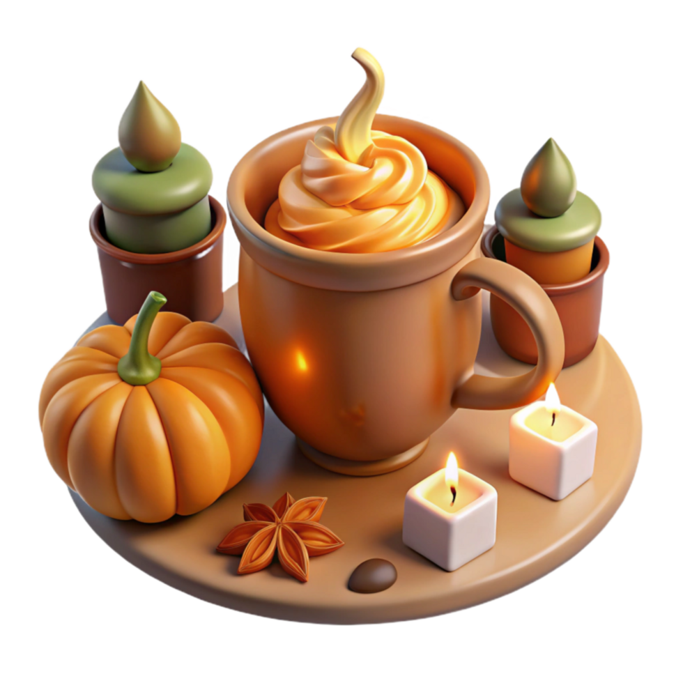 Cozy Autumn Scene Pumpkin Spice Drink, Candles, and Star Anise png