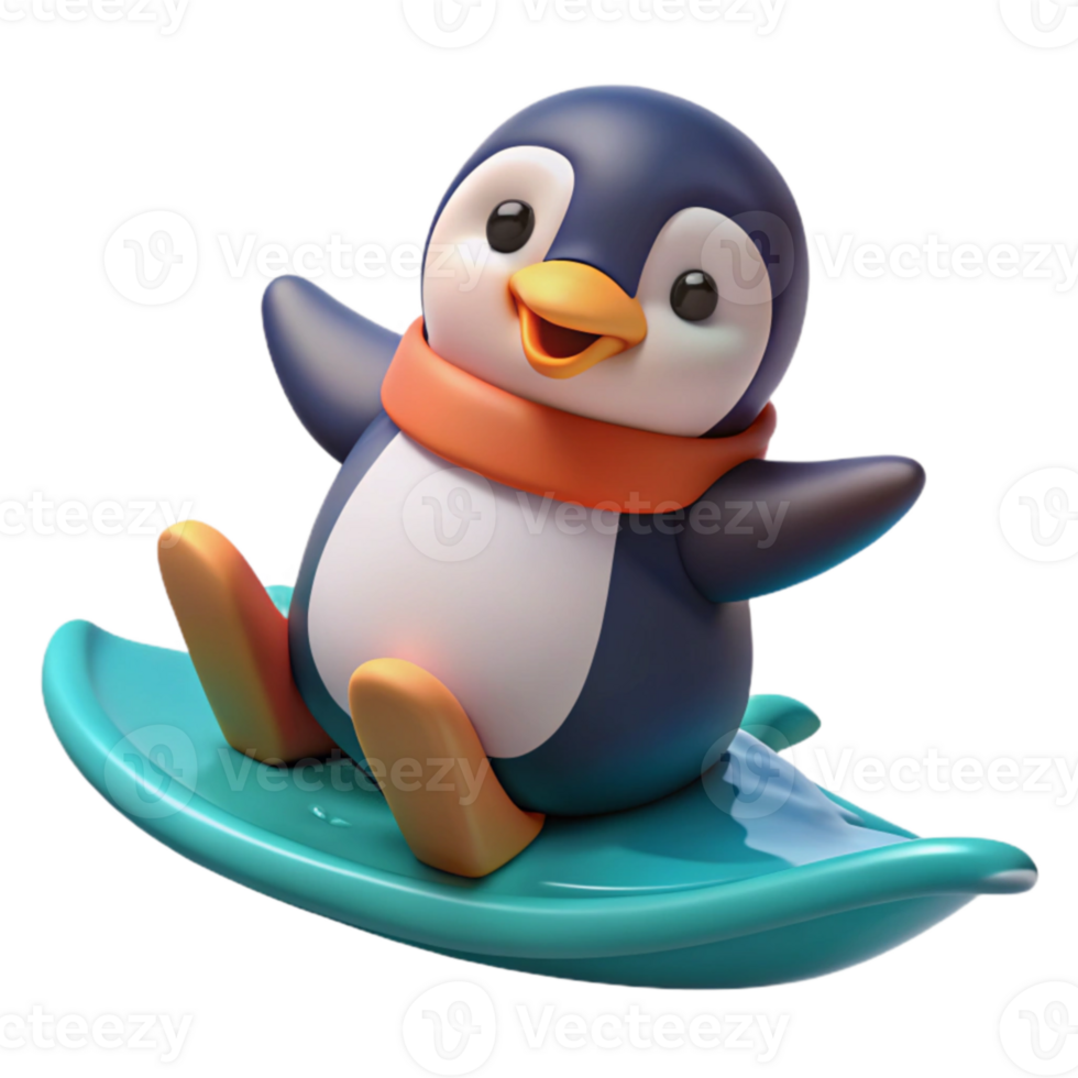 stunning classic Cute Penguin 3D Render Surfing genuine png