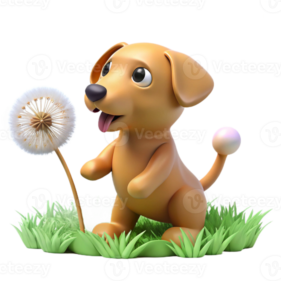 Cute Puppy and Dandelion A 3D Cartoon Image png