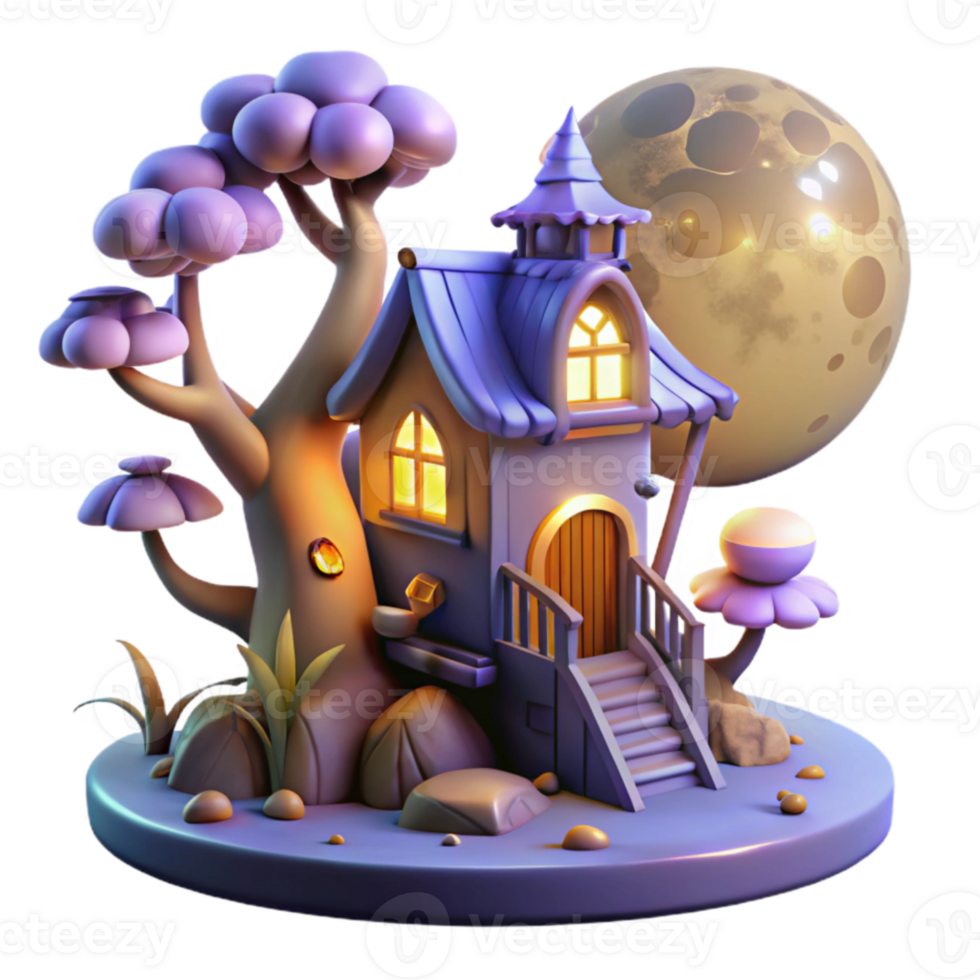 serene creative Enchanted 3D House Illustration Night Scene authentic png