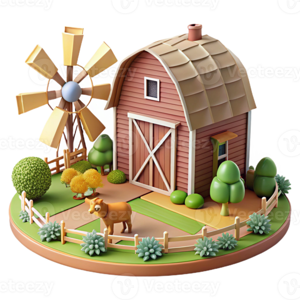 Farm Scene Barn, Windmill, and Animals png