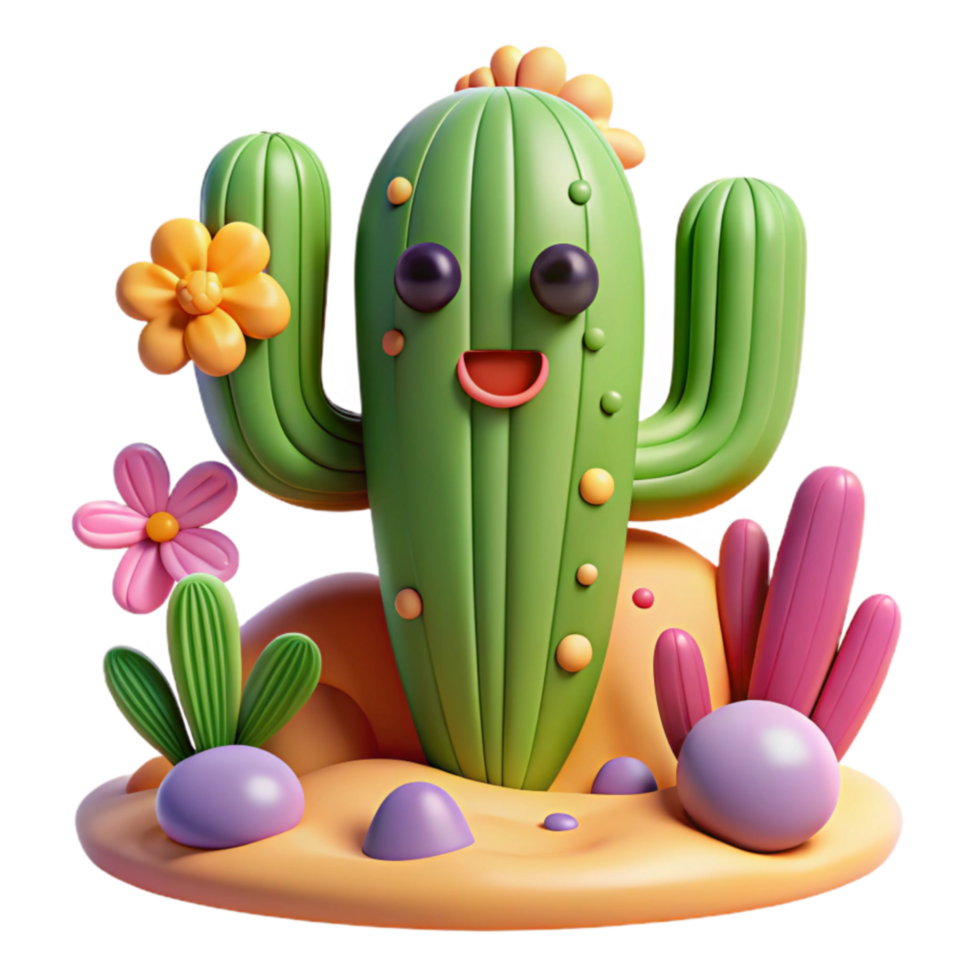 Cute Cartoon Cactus 3D Render png