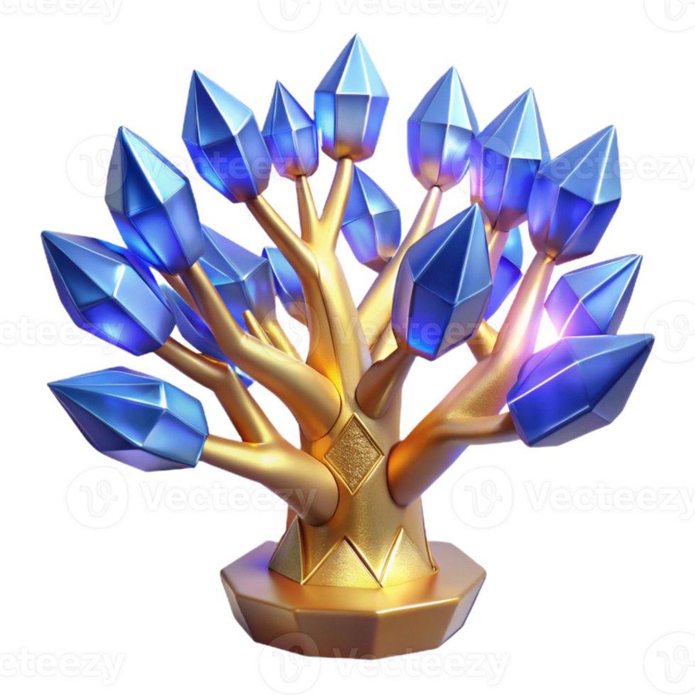 beautiful abstract Golden Tree with Blue Crystal Branches 3D Render exclusive png