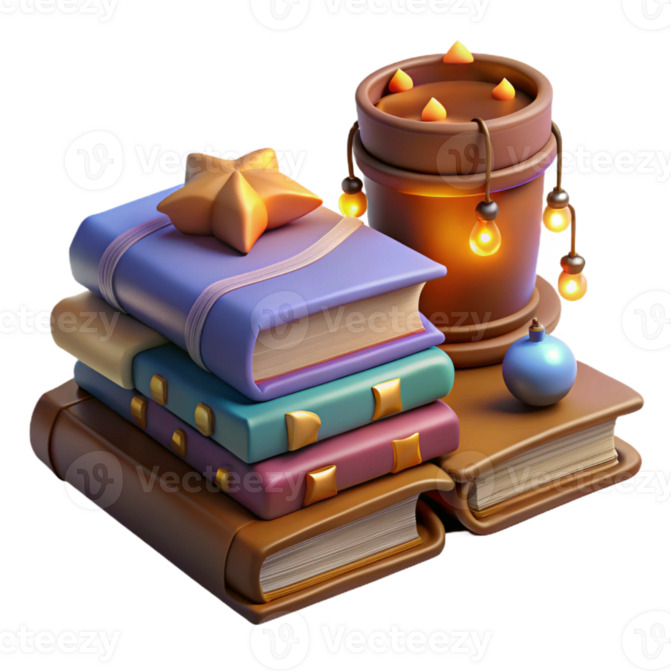 vibrant minimalist 3D Render Stack of Books with Candle Illustration high quality png