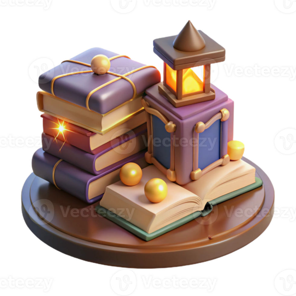 extraordinary minimalist 3D Render Stack of Books with Lantern Illustration high quality png
