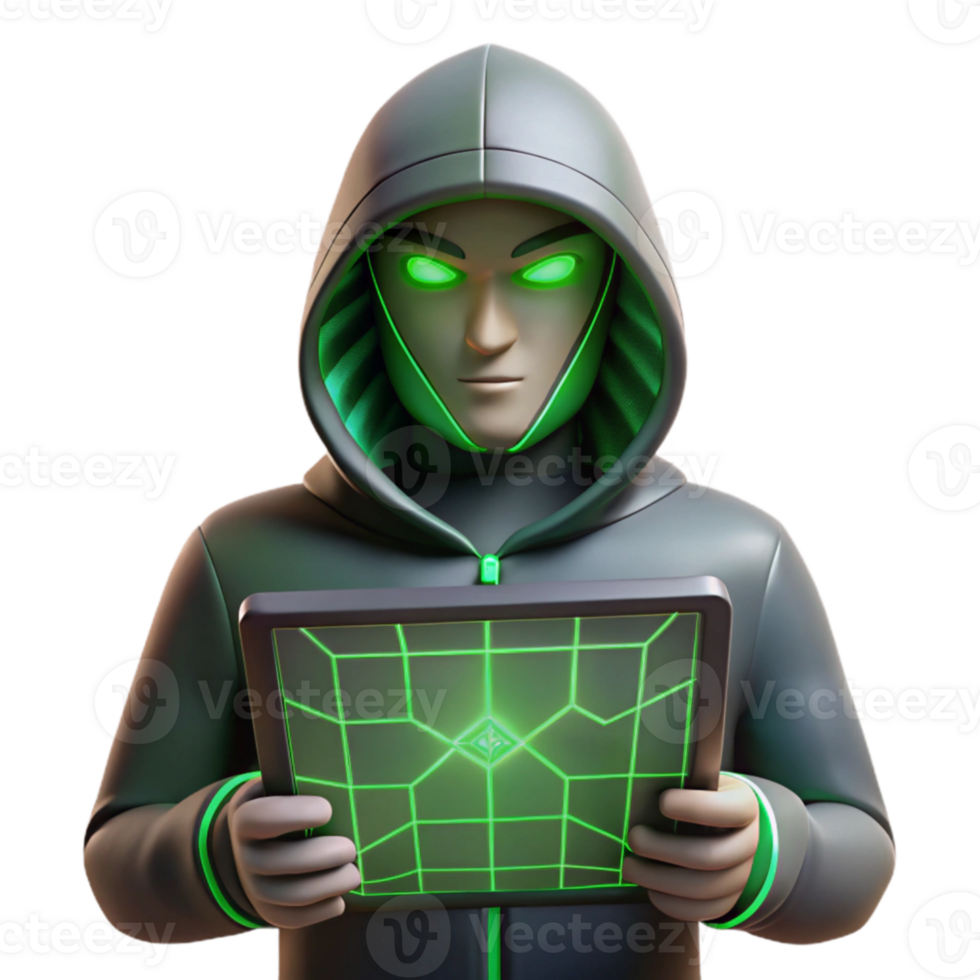 wonderful minimalist 3D Illustration Green Eyed Hacker detailed png