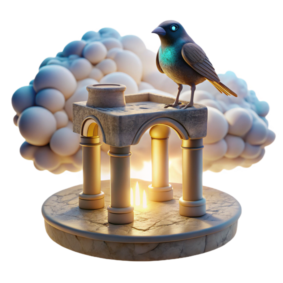 Bird on Ancient Columns in Cloudy Sky png