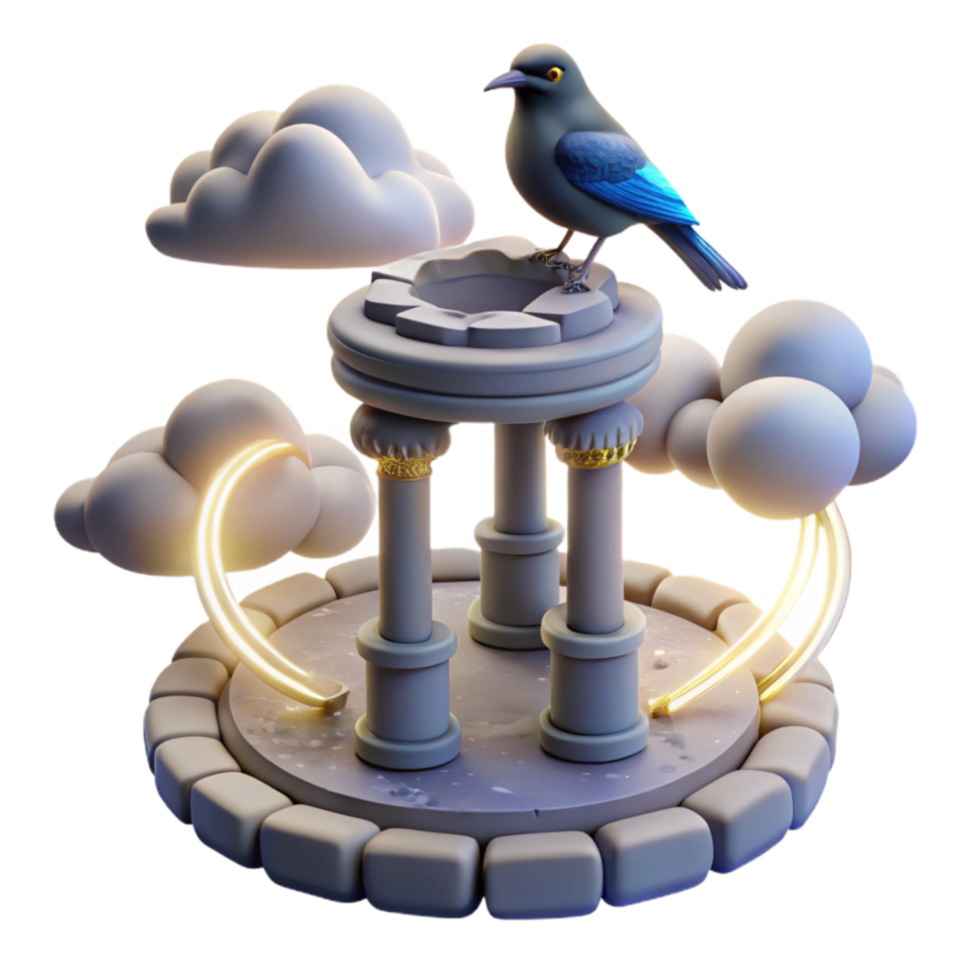 3D Render Bird on Ancient Columns with Clouds png