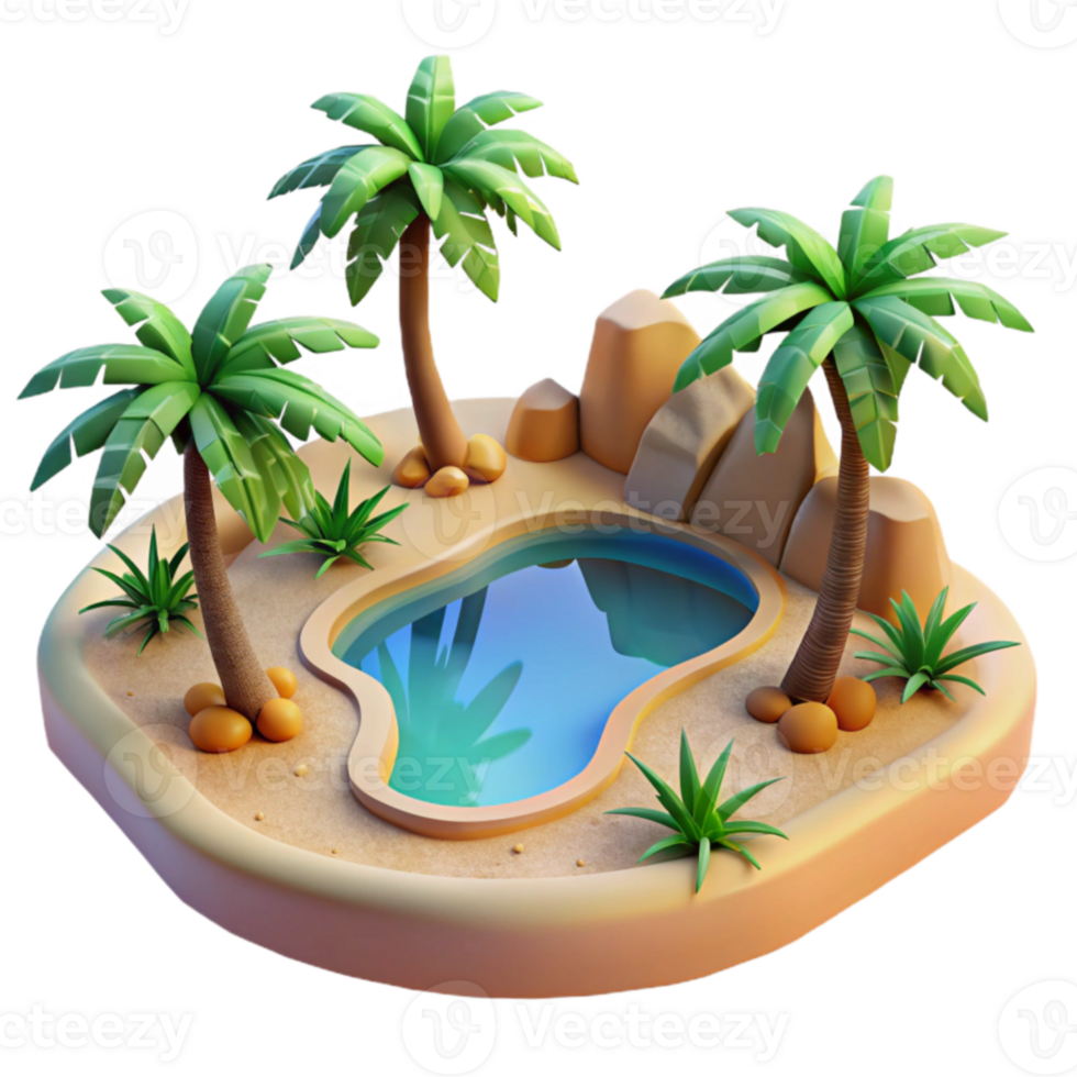 elegant minimalist 3D Oasis Illustration Palm Trees, Pool, Desert detailed png