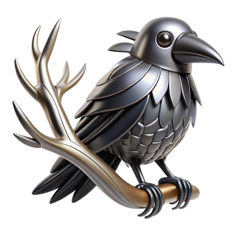 Metallic Raven on Antler Branch 3D Render png