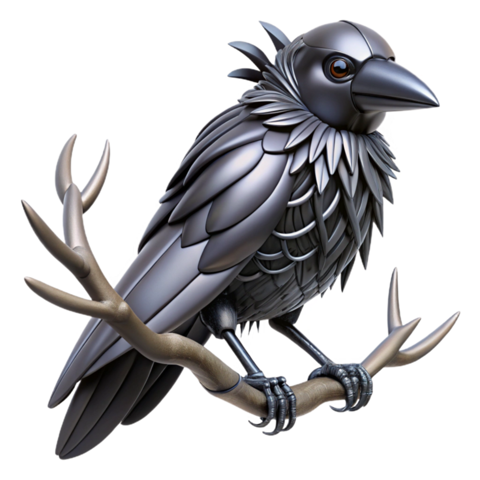 Metallic Raven Sculpture Robotic Bird on Branch png