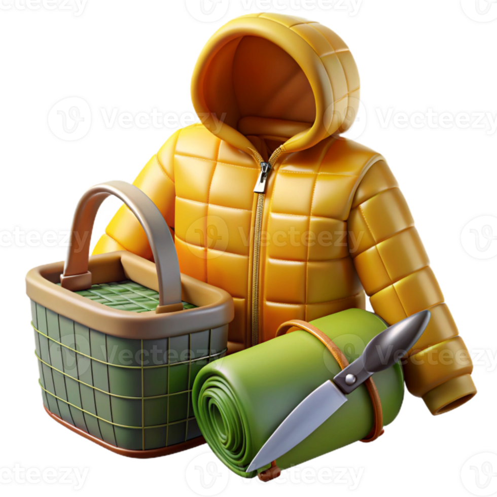 Outdoor Adventure Jacket, Picnic Basket, Sleeping Mat, Knife png