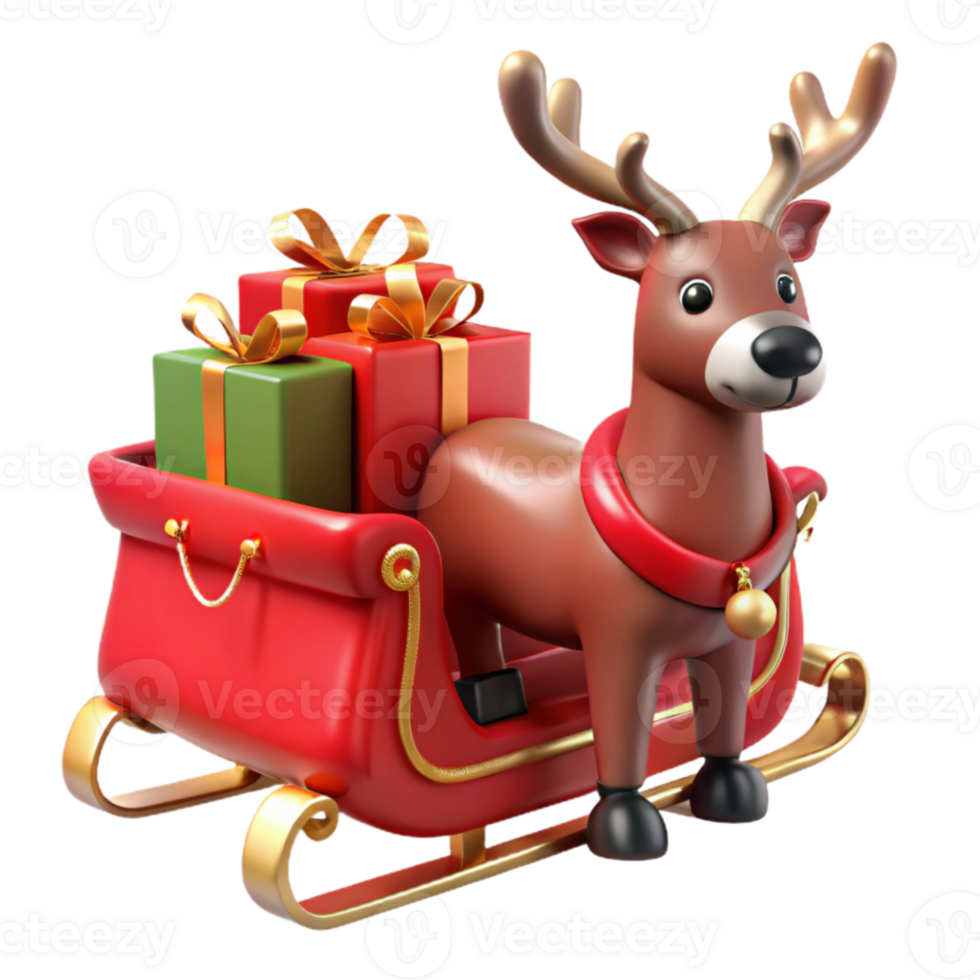 Christmas Reindeer Sleigh with Gifts 3D Render png